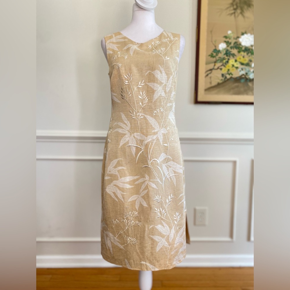 Talbots Tan Silk Sheath Dress White Floral Embroidery Sleeveless sz 4